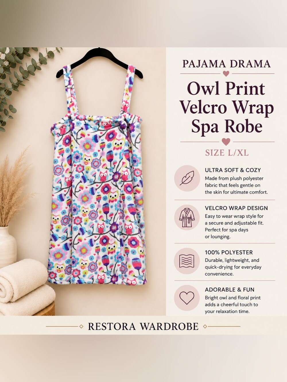 Pajama Drama Owl Print Plush Velcro Spa Bath Wrap Robe L/XL
